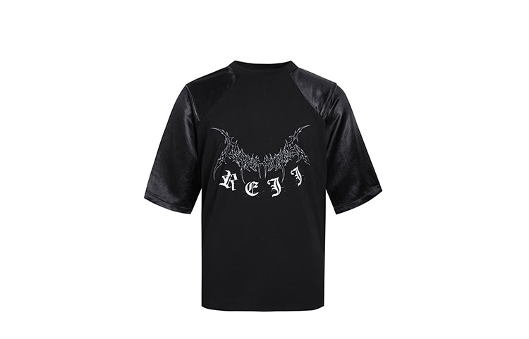 REJJ Acetate Imitated Leather Splicing Print T-shirt