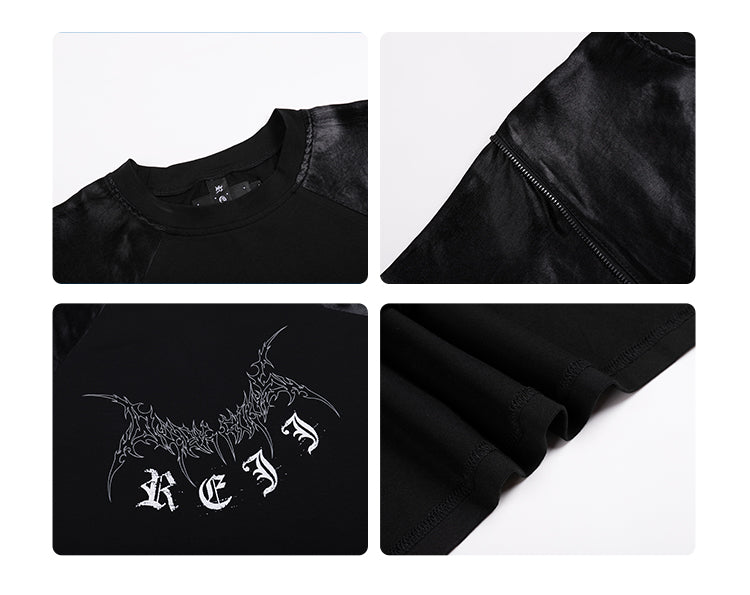 REJJ Acetate Imitated Leather Splicing Print T-shirt